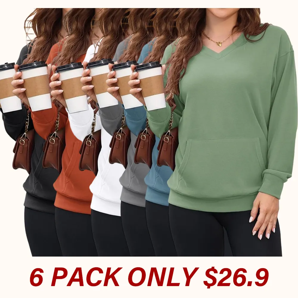 Women's hoodless V-neck fleece long-sleeved shirt with kangaroo pocket