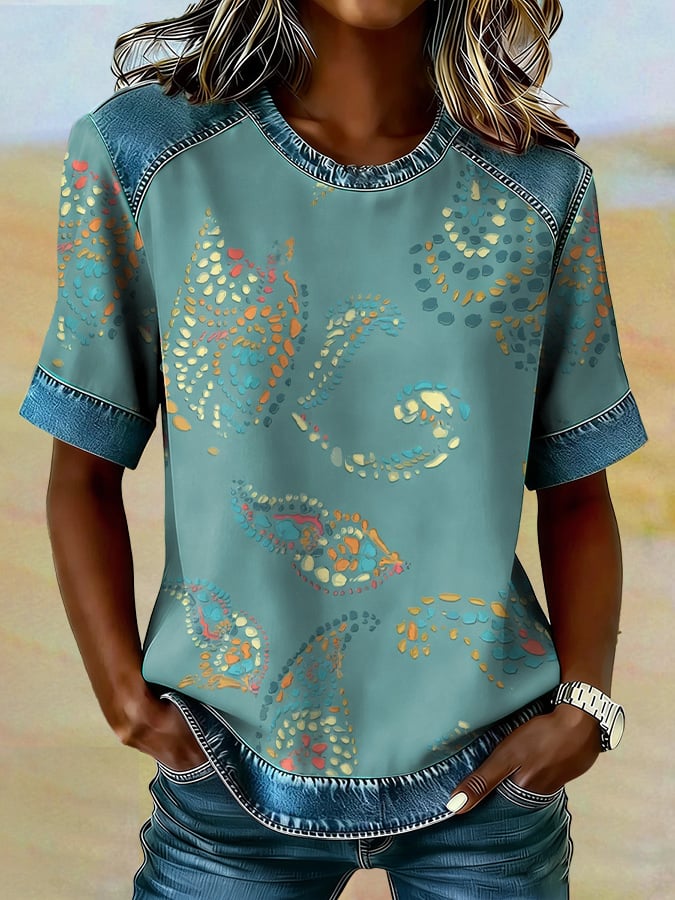 Women's casual retro Western floral T-shirt