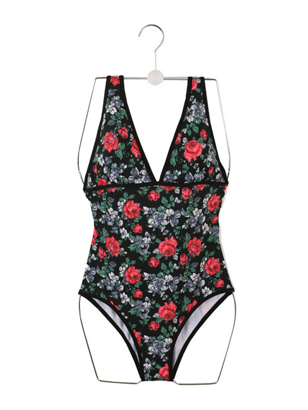 Deep V-Neck Floral Print Backless One-Piece Swimwear