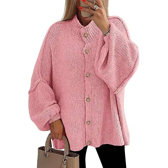 Women's Winter Button Down Cardigan Sweaters Mock Neck Lantern Long Sleeve Chunky Knit Jacket Trendy Outerwear