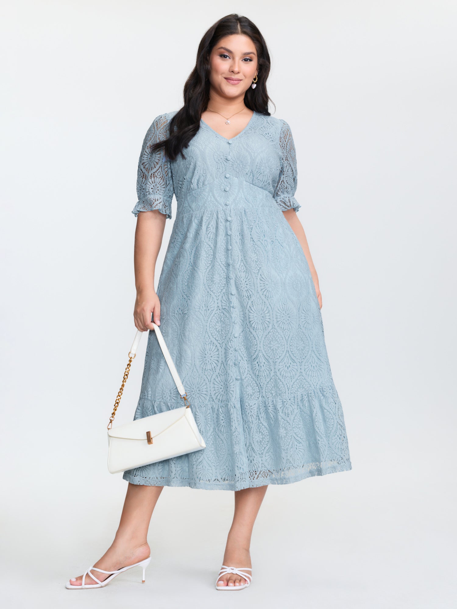 Lace Trim Shirred Button Detail Midi Dress