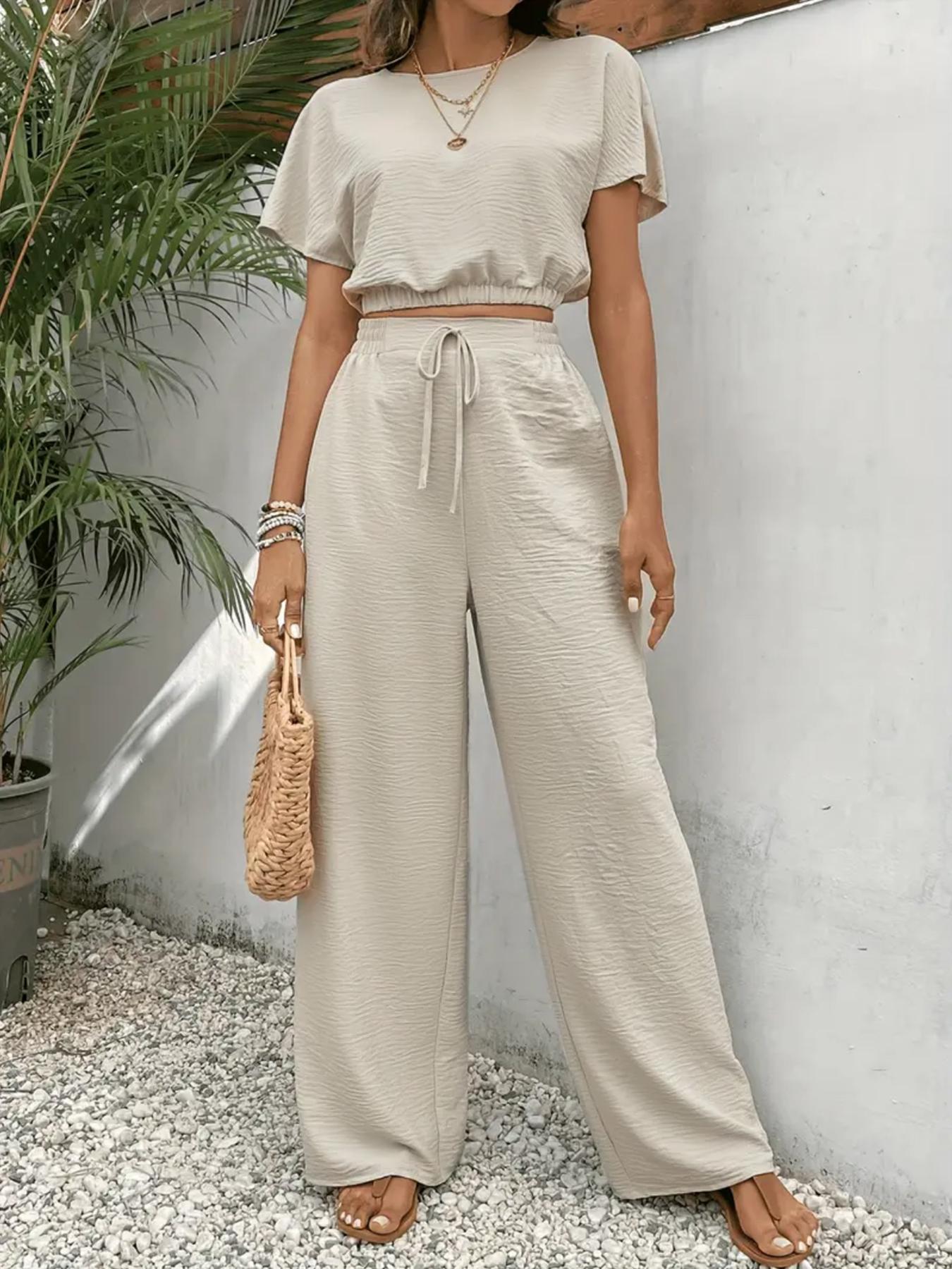 Women’s Casual Two-Piece Set – Fitted Top & Wide Leg Pants