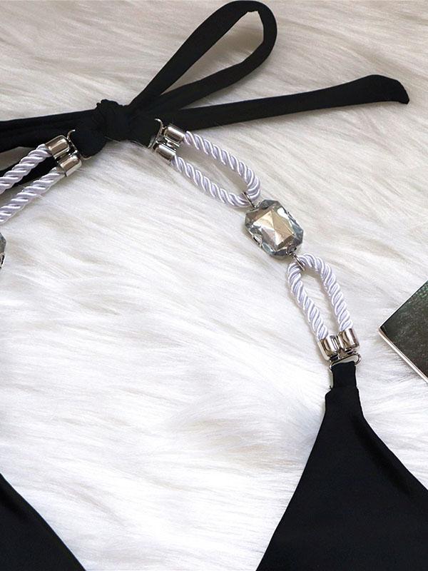 Gorgeous Embellished Triangles Bandage Split Bikini Swimsuit
