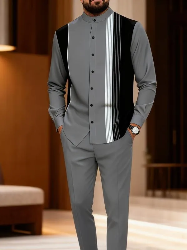 2 piece men's black and white vertical stripe graphic printed button up collar top and drawstring waist casual pants