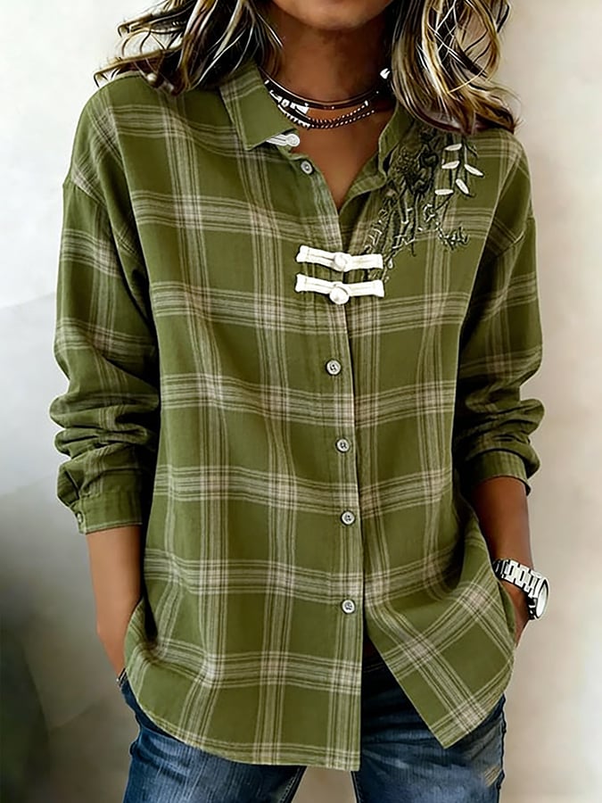 Women's Retro Plaid Cotton-Linen Shirt with Frog Closures
