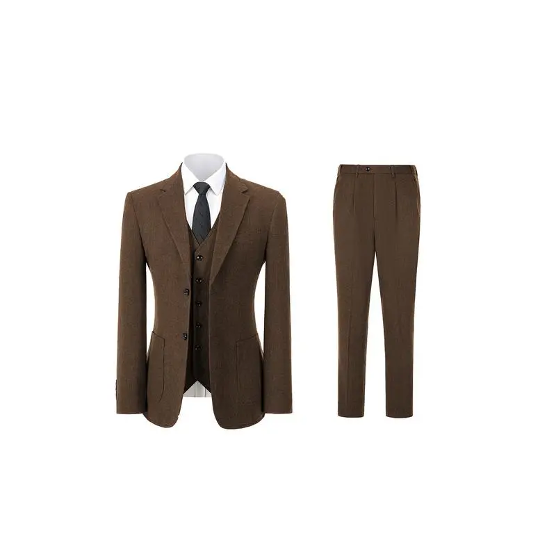 Men's Retro 3-Piece Tweed Herringbone Suit Set Two-Buttons Blazer Vest Pants Autumn New Arrival Formal Business Attire
