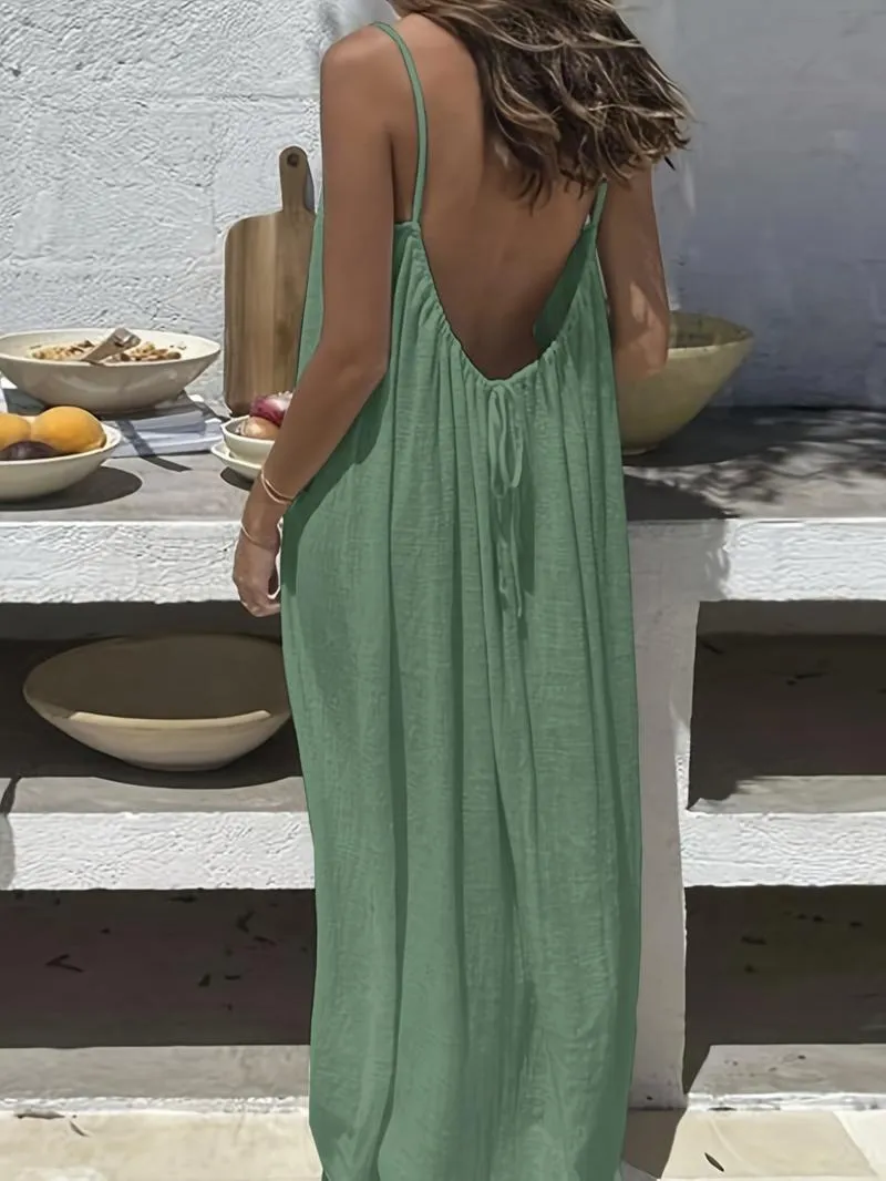 Women's Solid Color Backless Cami Dress, Casual Sleeveless Dress for Summer