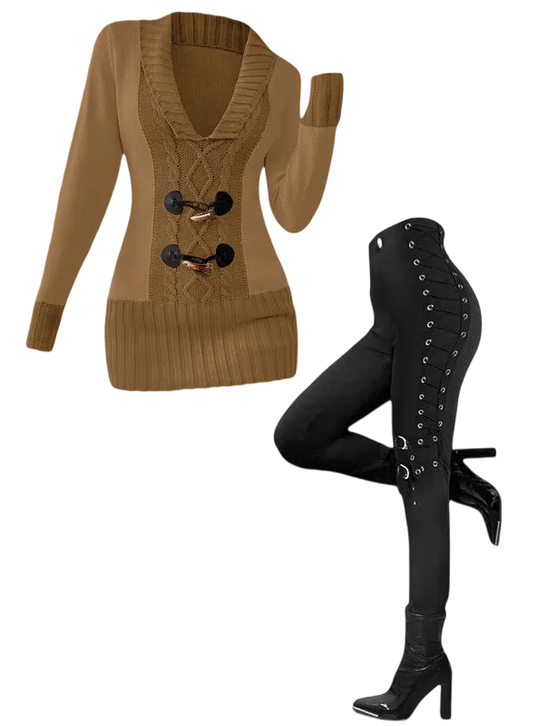 Women's suit: faux horn button sweater and loop-buttoned leggings