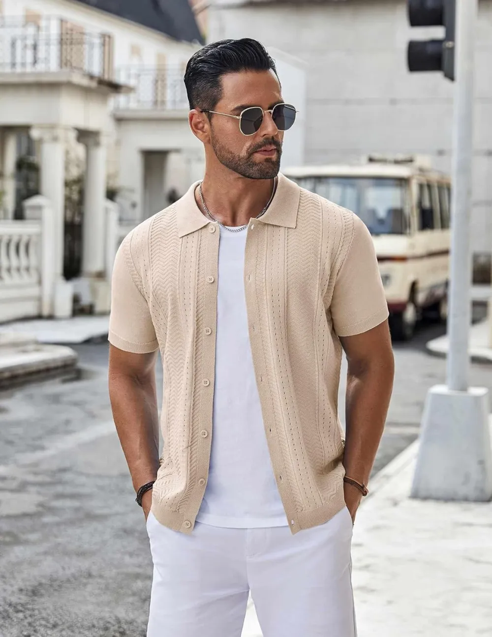 Mens Knit Button Down Shirt Short Sleeve Summer Casual Shirts Vintage Beach Vacation Shirts