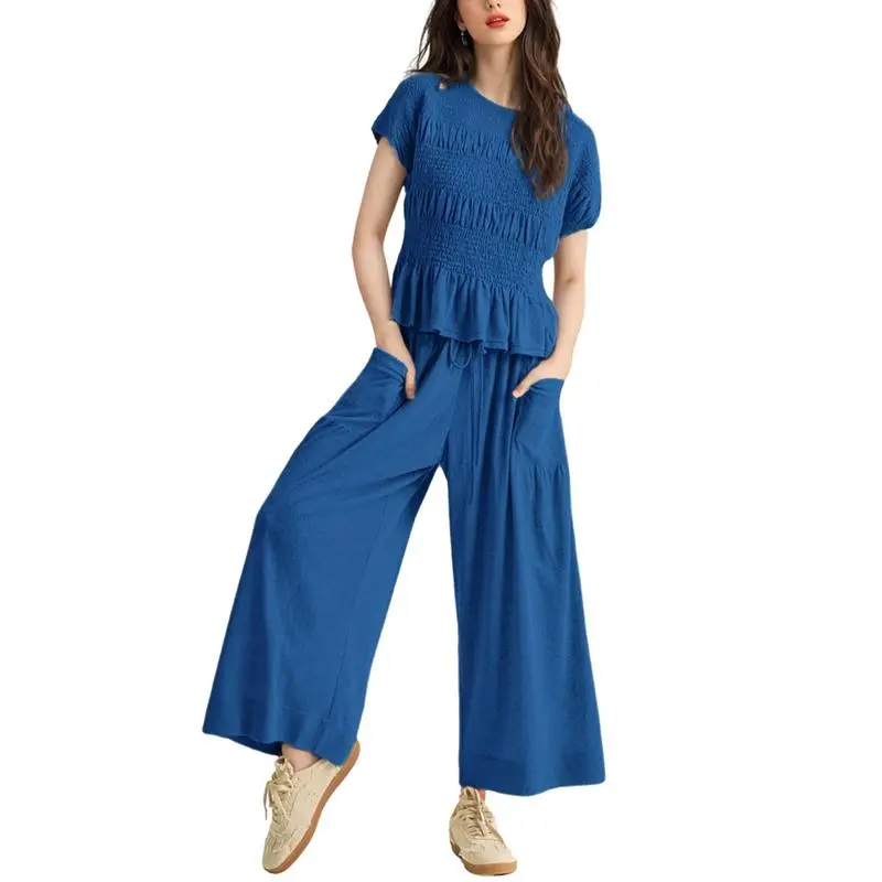 Casual Boho Matching Set Smocked Top & Wide-Leg Pants