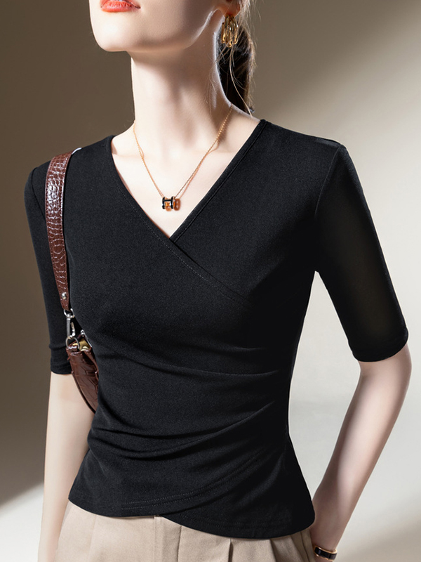 Asymmetric Pleated Solid Color Split-Joint Half Sleeves Plus Size V-Neck T-Shirts Tops