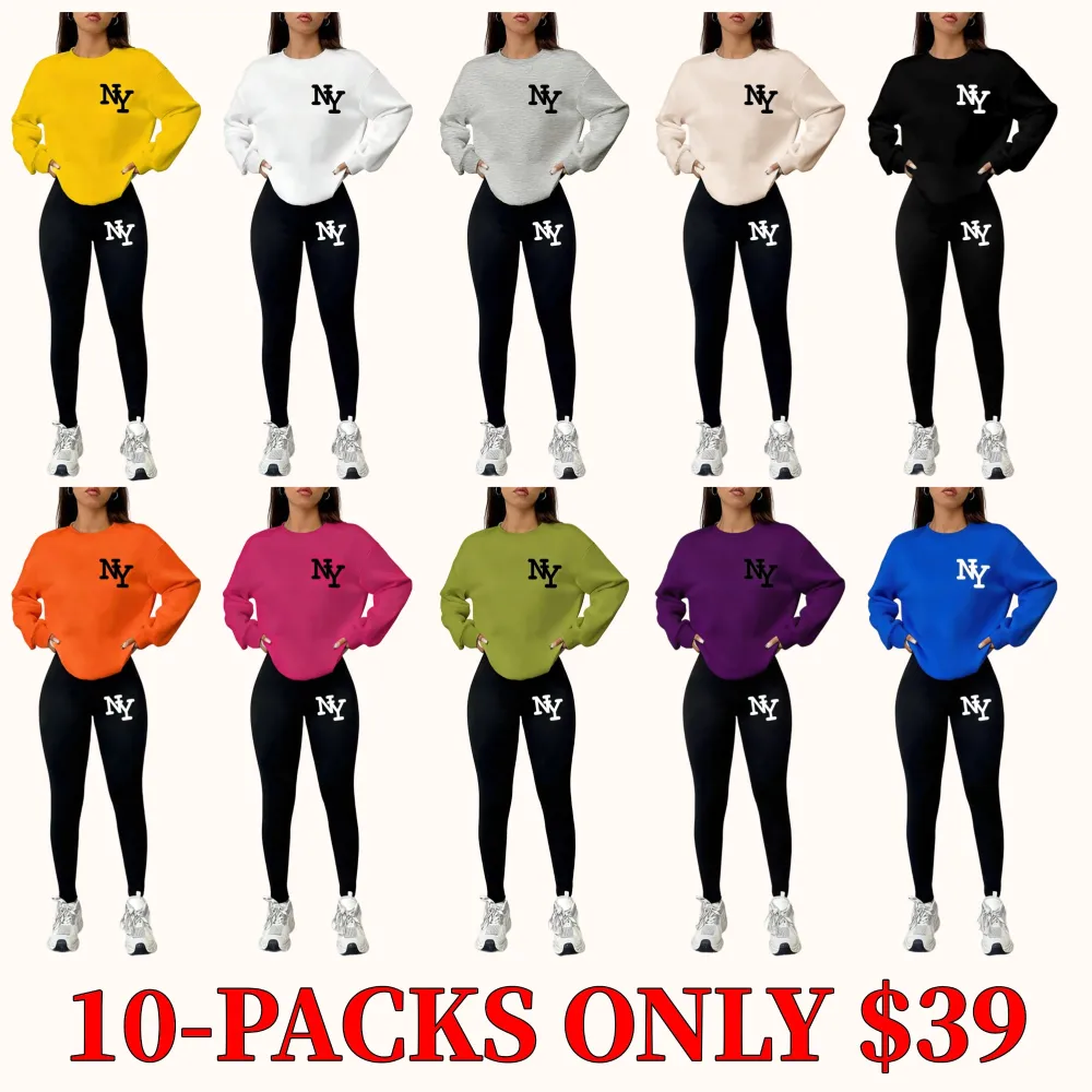 Women's 2-Piece Sweatshirt Set, Ny Letter Print, Round Neck Long Sleeve, Long Pants, Casual Fall Winter, Fitted Style