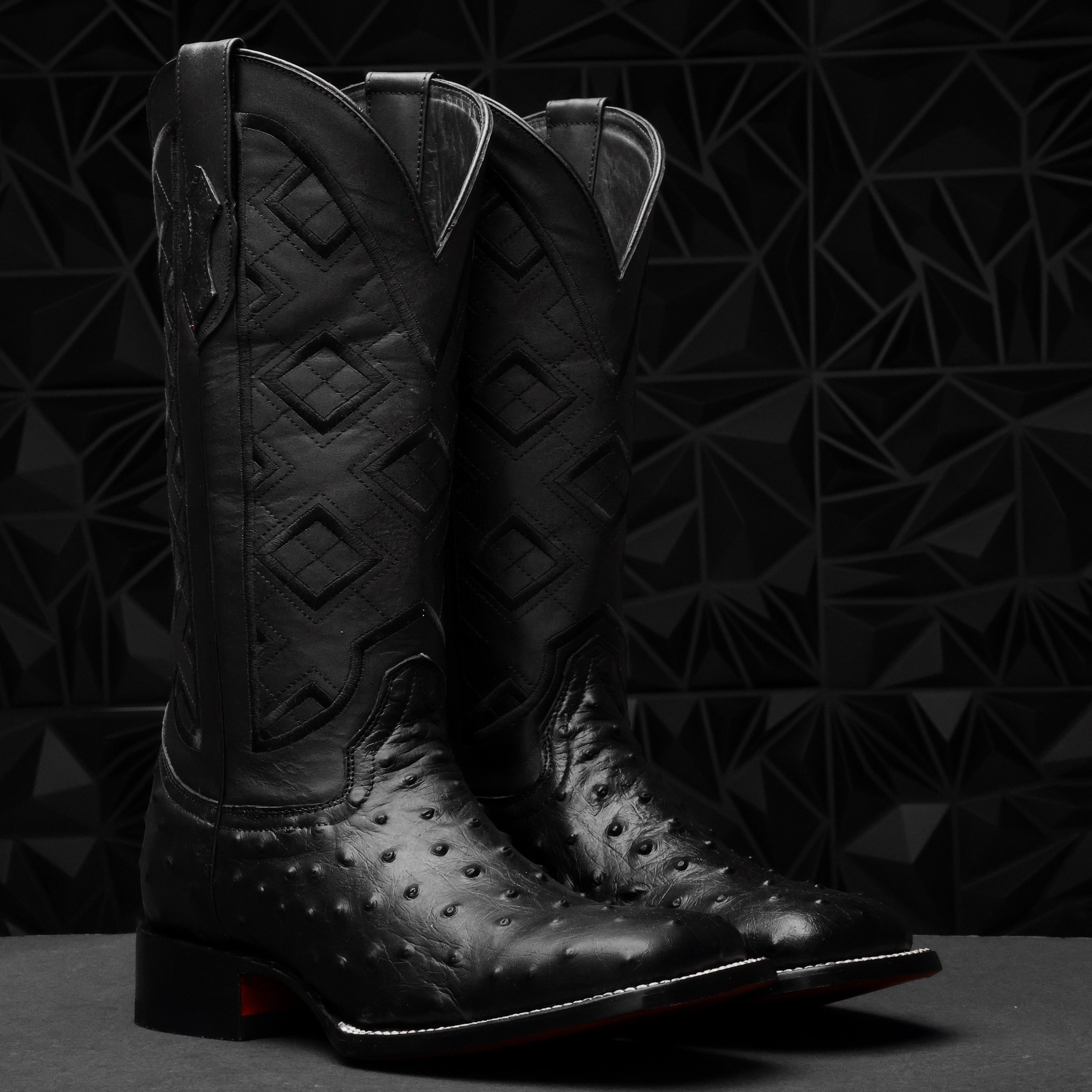 Black Ostrich Leather Boots - Square Toe