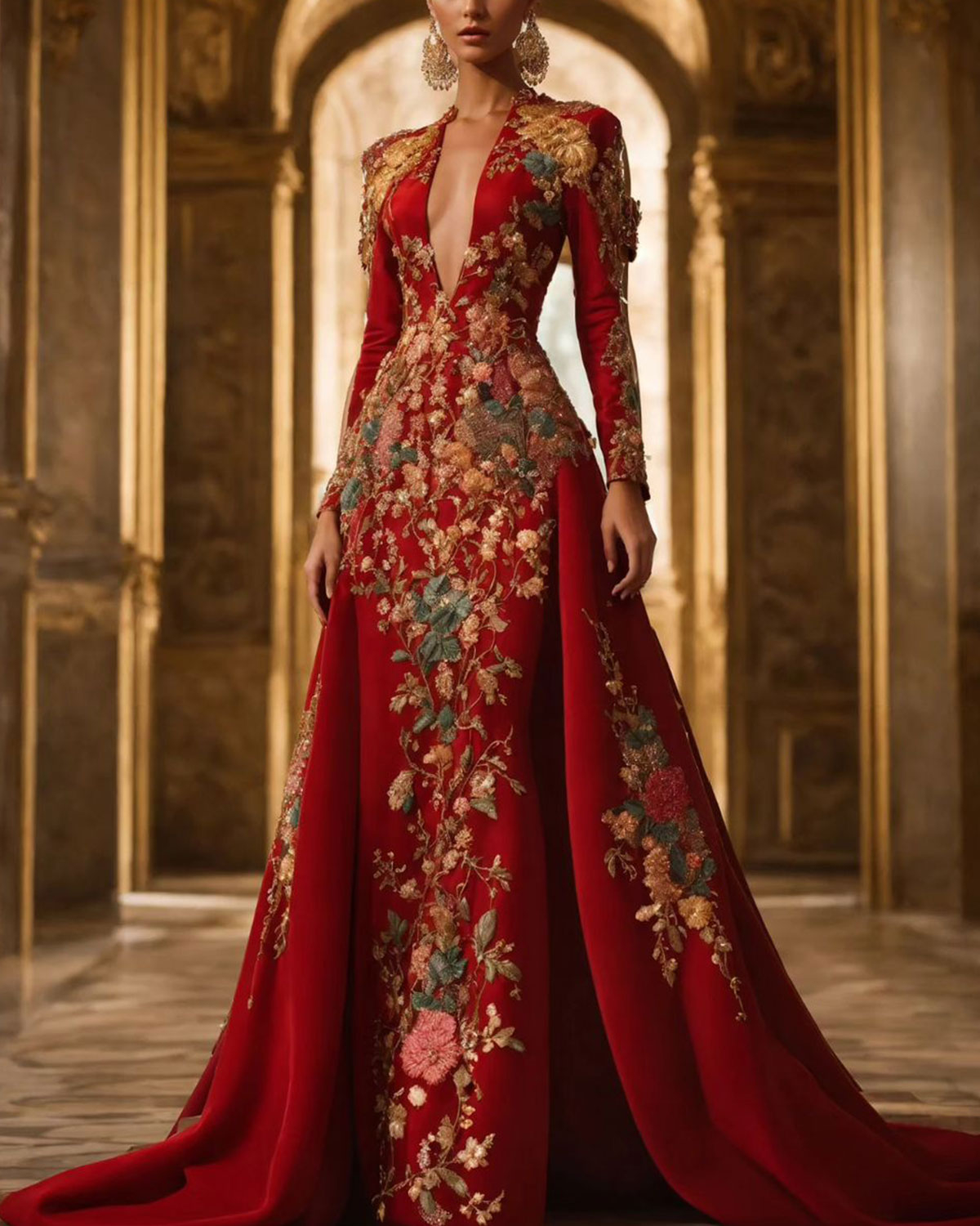 Luxurious Embroidered Flower Long Sleeve Gown