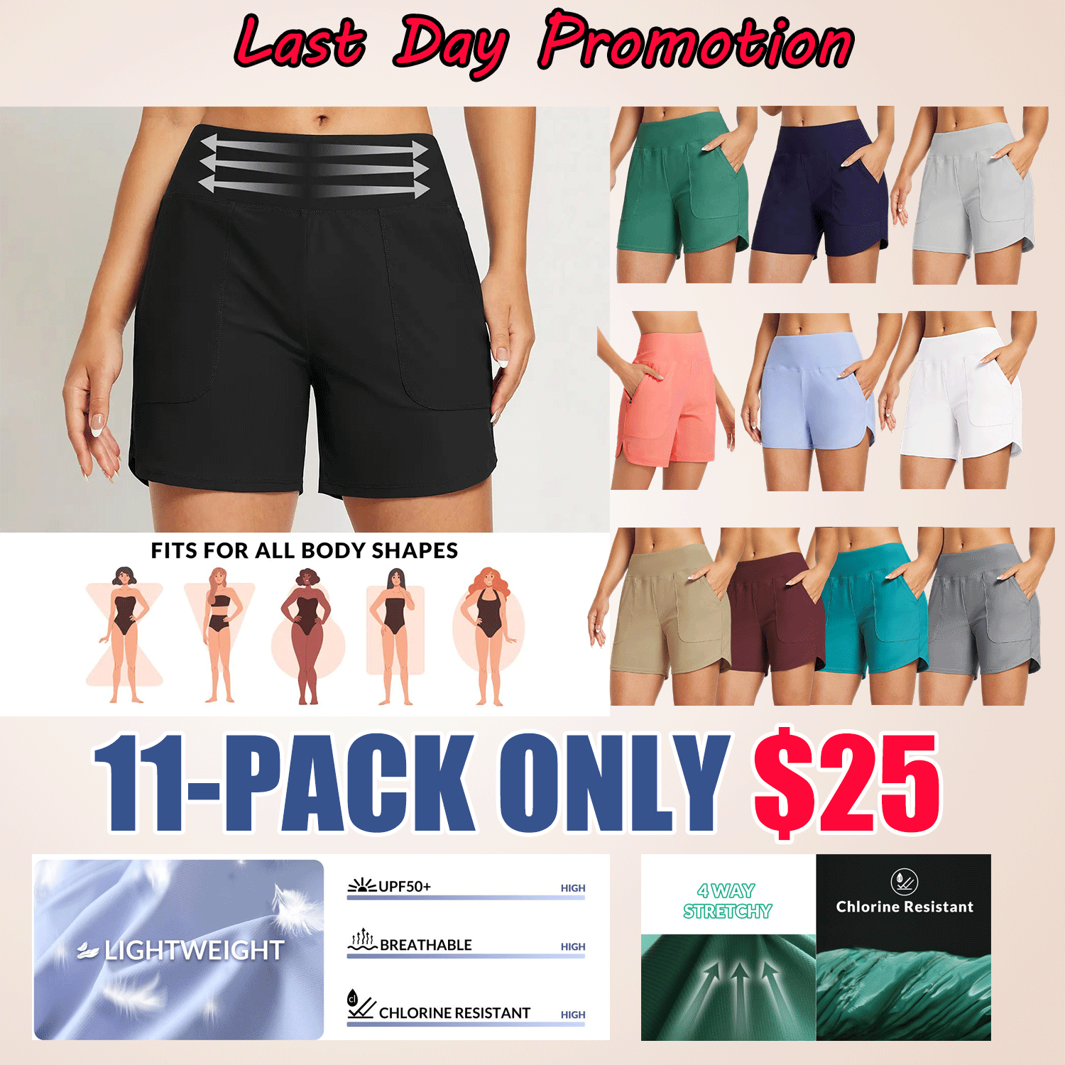 ✨ Women’s High-Waisted Quick-Dry Board Shorts with Pockets