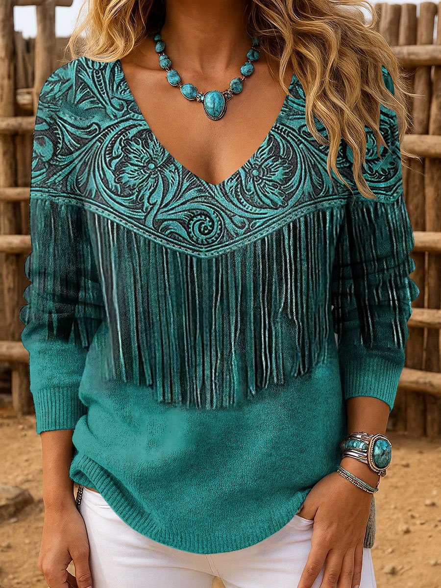 Women's Western Retro Pattern Print Long Sleeve Top