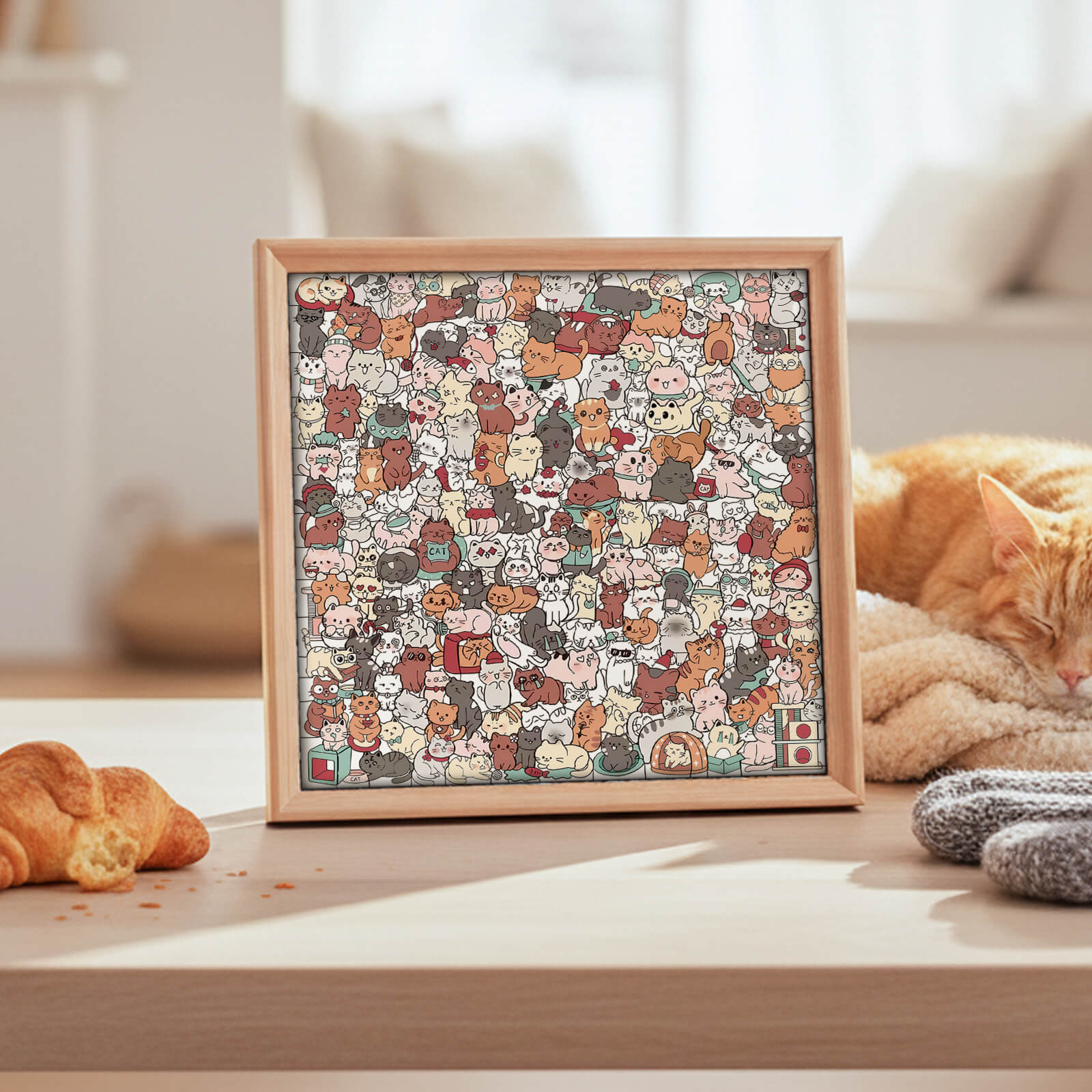 200 Pcs Morandi-Colored Lovely Cat Shaped Square Wooden Jigsaw Puzzle