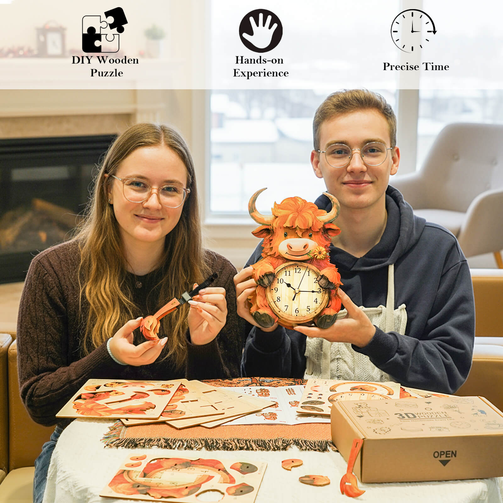 Highland Cattle – DIY Wooden Clock, 3D Puzzle Craft Kit