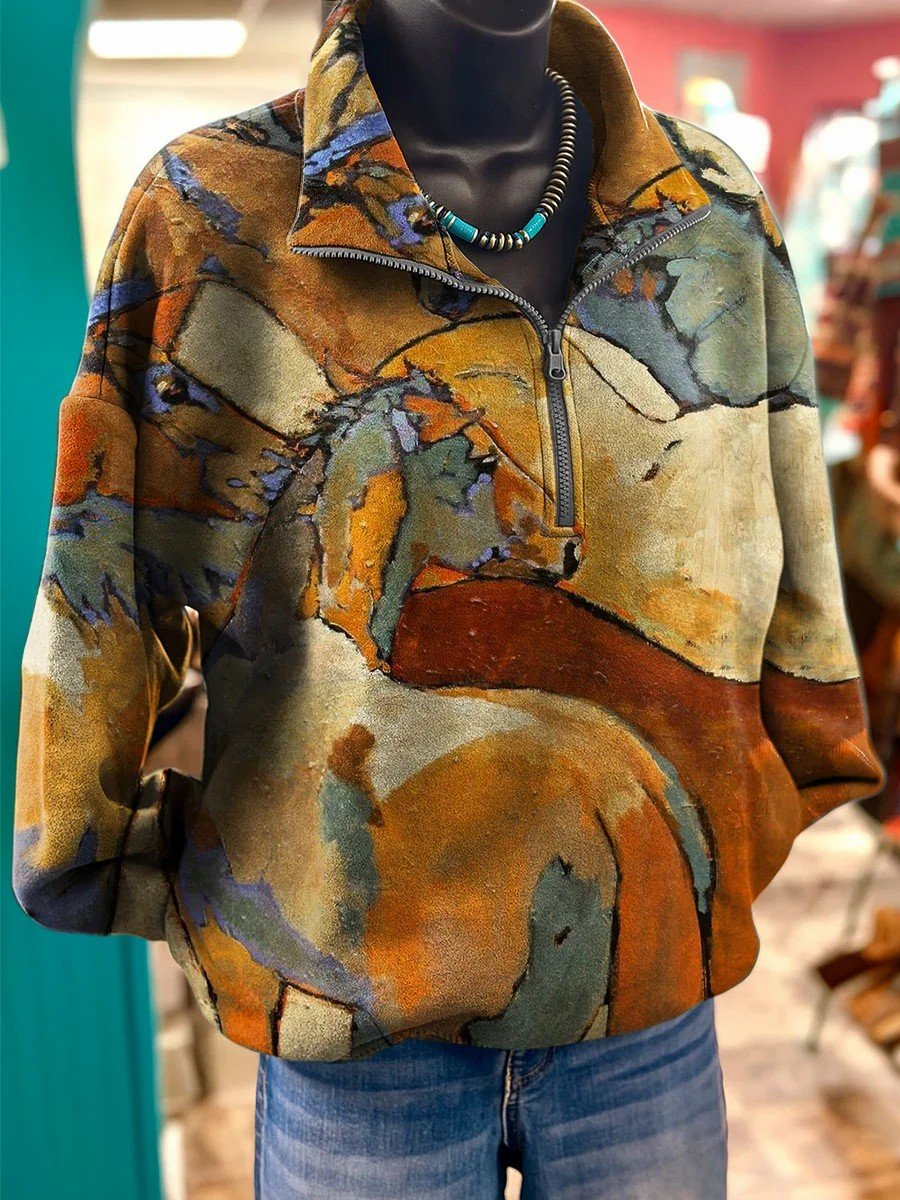 Women's lapel retro casual western print sweatshirt
