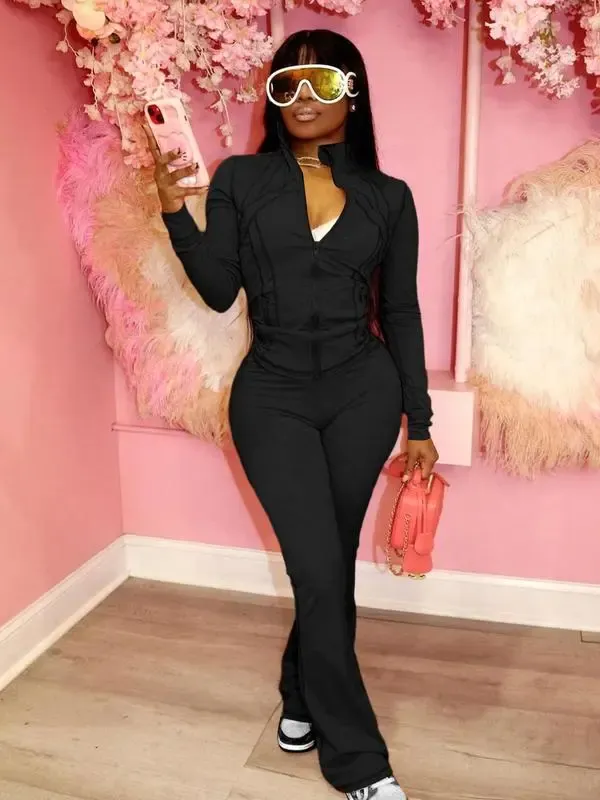 Women's Casual Sporty Two-Piece Set, Long Sleeve Zipper Design, Regular Fit, Fall & Winter, Fashionable Women's Clothing