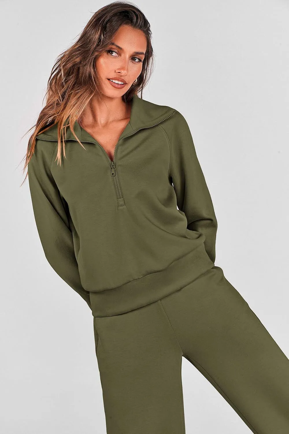 🔥Final Day Clearance!🛒Women's 2 Piece Outfits Casual Lapel Half Zip Sweatshirts And Wide Leg Pants Tracksuit Sets