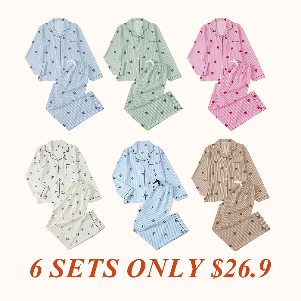 Women's Striped Bow Print Long Sleeve Pajama Set