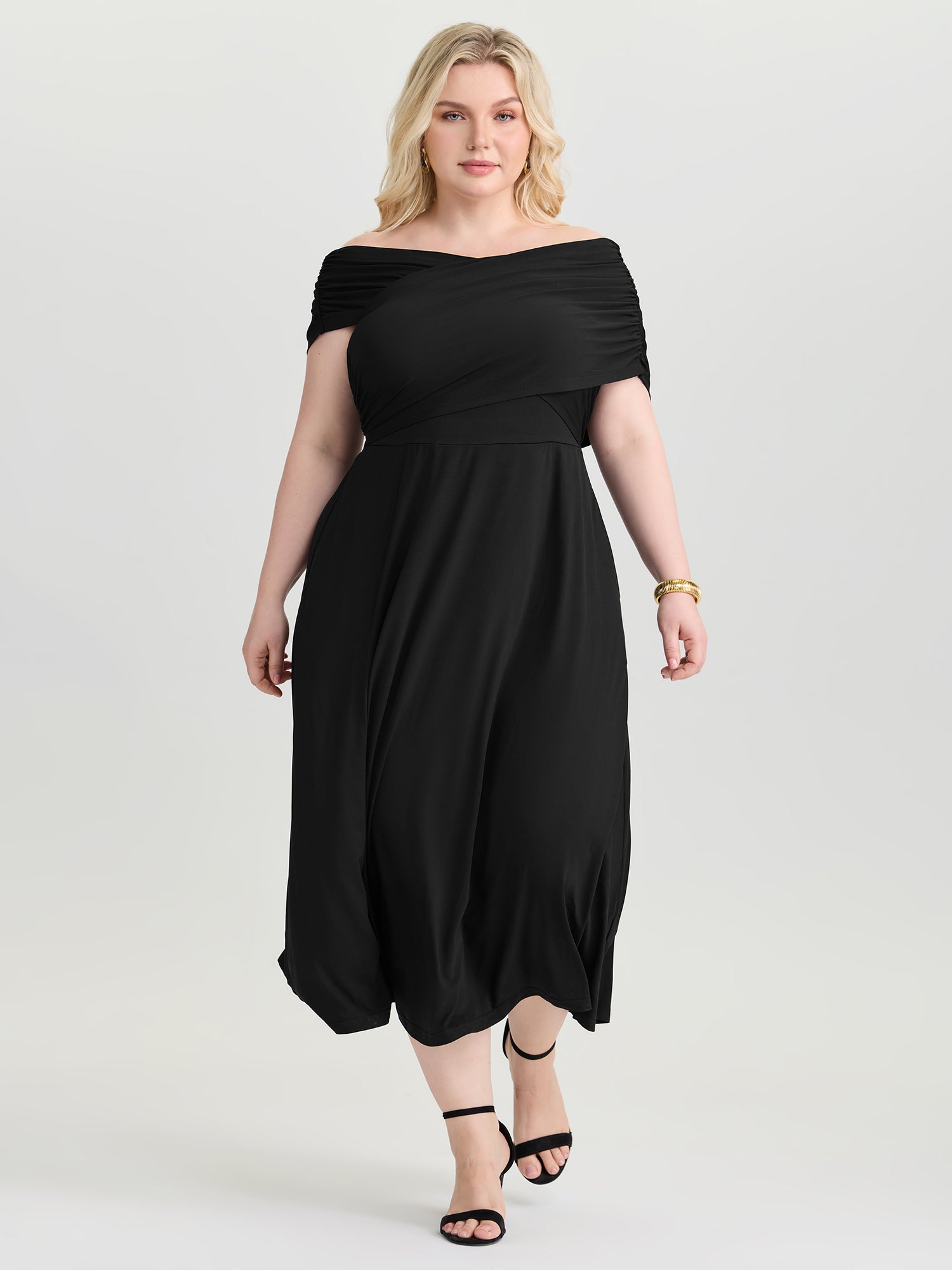 Ruched Overlap Bodice Fit And Flare Midi Dress