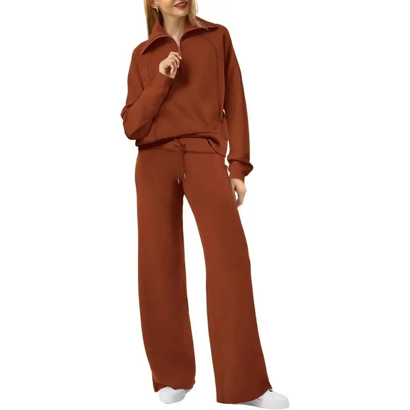 Women's Casual Set 2025 Collection Half-Zip Sweatshirt and Wide-Leg Pants