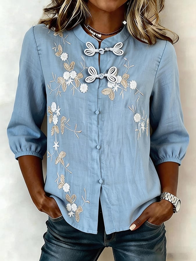 Women'S Cotton And Linen Floral Print Stand Collar Button Top- Fast Shipping