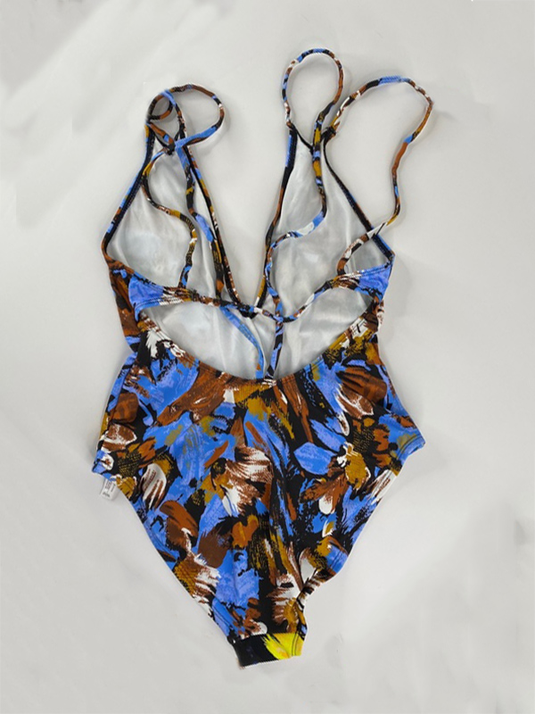 Spaghetti-Neck Deep V-Neck Floral-Print One-Piece Swimwear