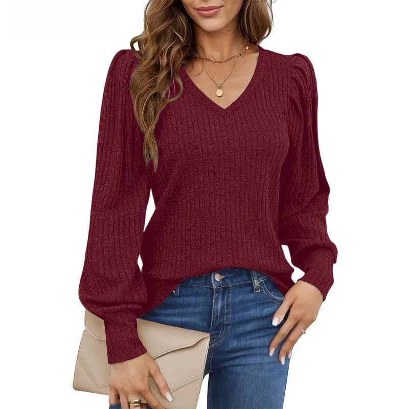 Women's Knit Shirt Soft Puff Long Sleeve Blouse Tops