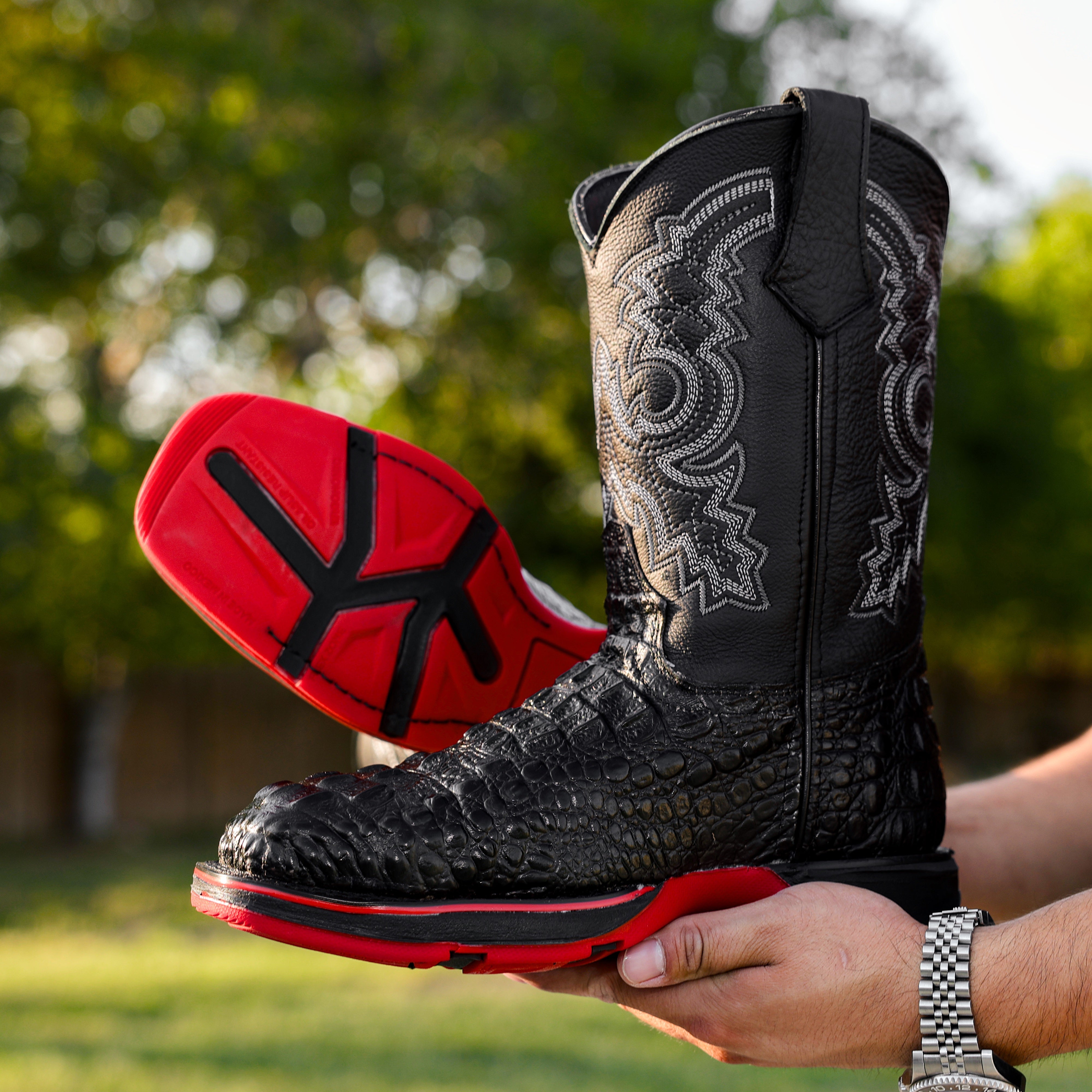 Black Caiman Neck Leather Boots With 3D Lightweight Sole - Composite Toe
