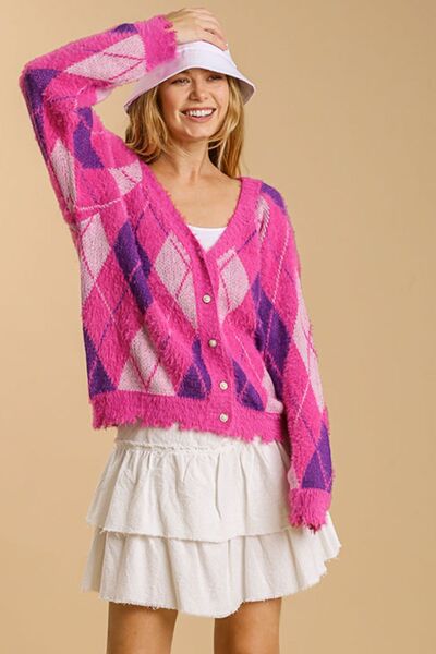 Full Size Argyle Pattern V-Neck Button Front Cardigan