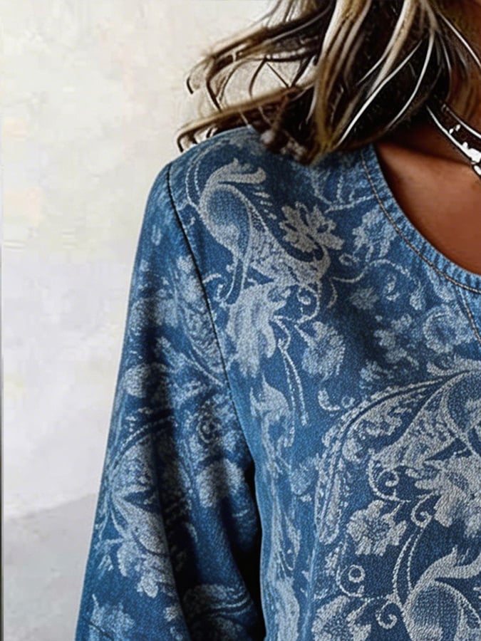 Women's Casual Denim Jacquard Short-Sleeve Top