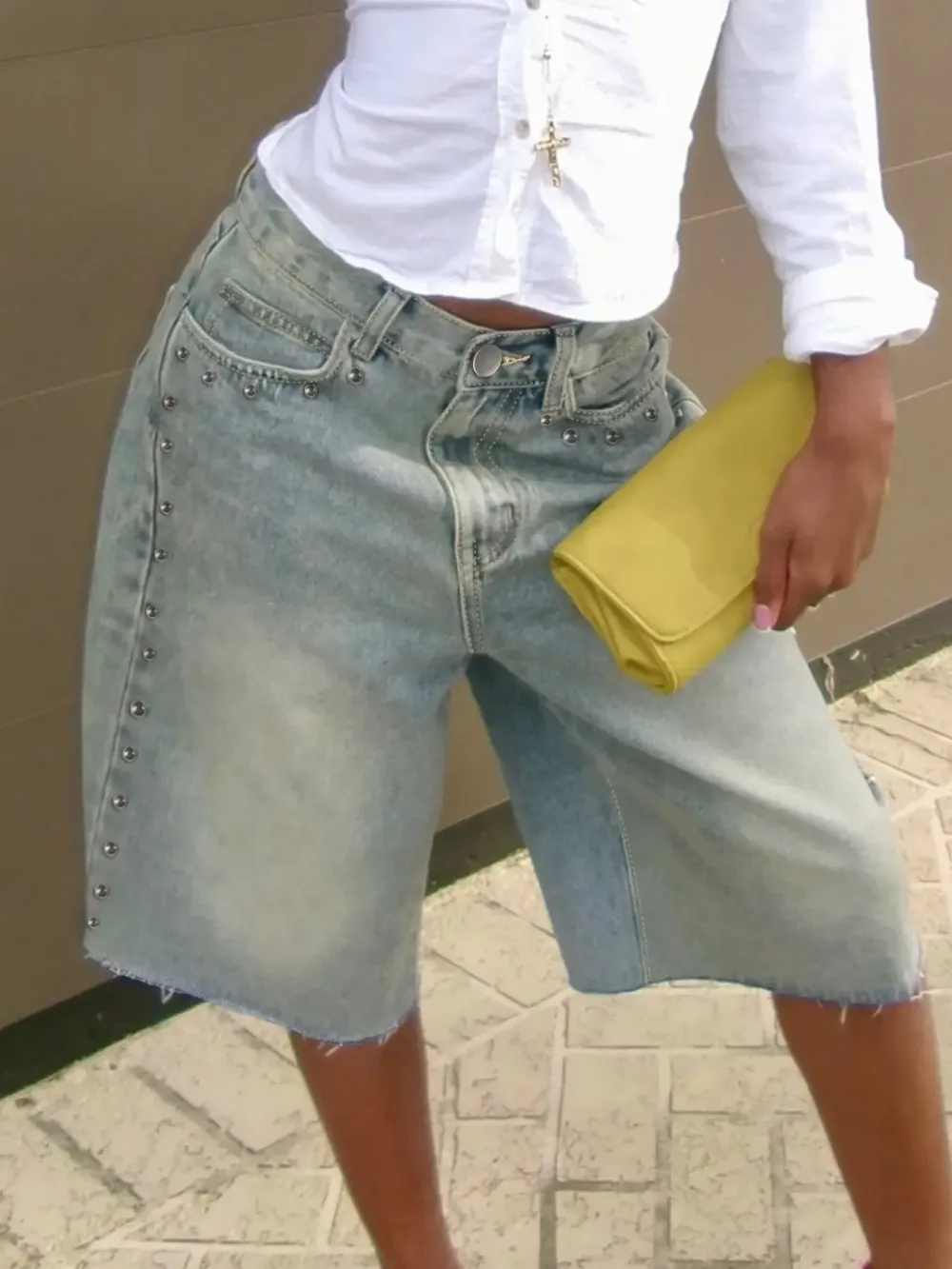 Washed Studded Wide-Leg Denim Jorts, Raw Hem High-Waisted Bermuda Shorts