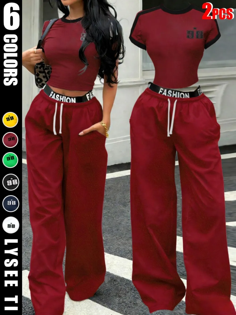 Hot-girl Style Contrast Binding Short Top and Letter Tape Wide Leg Pants, Women's Black & White Two-piece Set