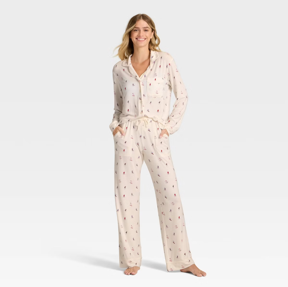 Cream Skiers, women's cloud knit modal long-sleeved collared top and pants pajama set