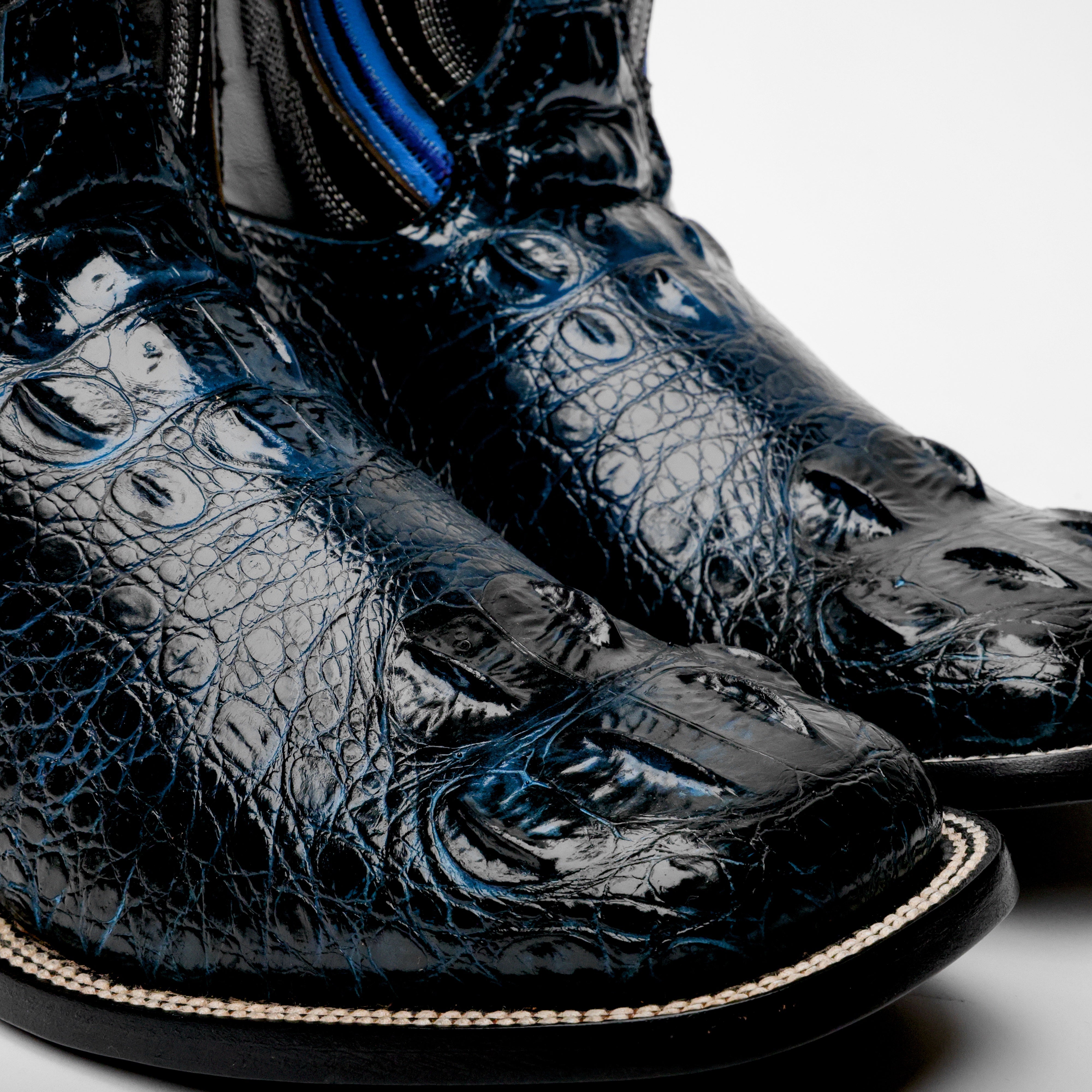 Midnight Blue Giant Caiman Hornback Leather Boots - Square Toe