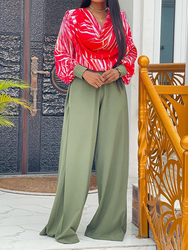 Printed Heaps Collar Long Sleeves Shirts Top + High Waisted Pants Bottom Two Pieces Set