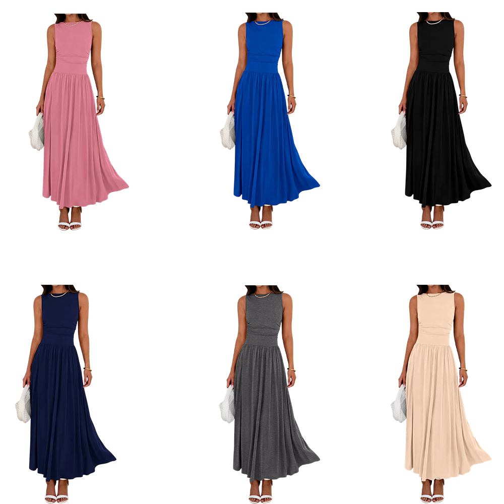 Summer Maxi Dresses for Women 2026 Spring Sleeveless Casual Ruched High Waisted Long Sundress Flowy Beach Dress
