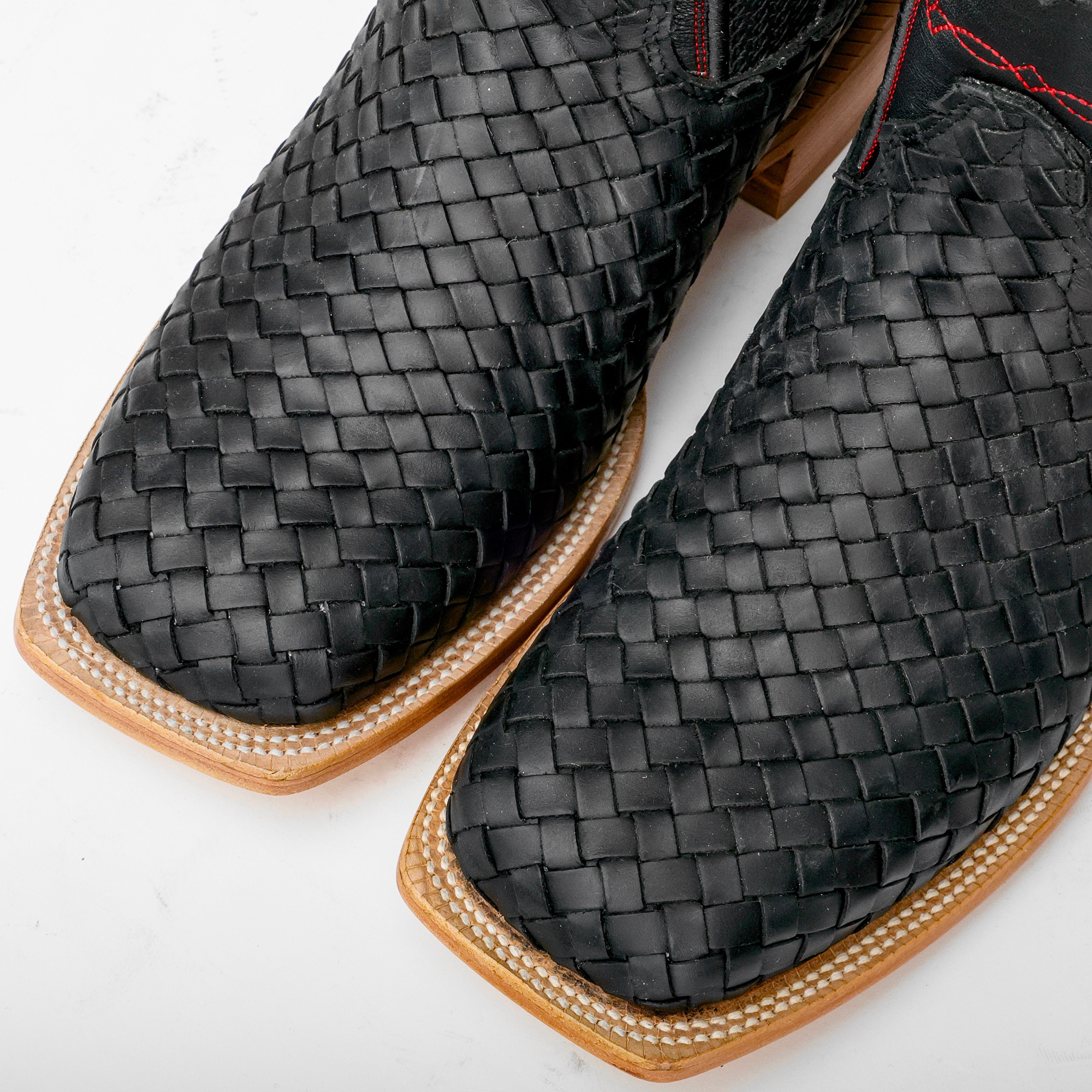 Black Basketweave Leather Boots - Square Toe
