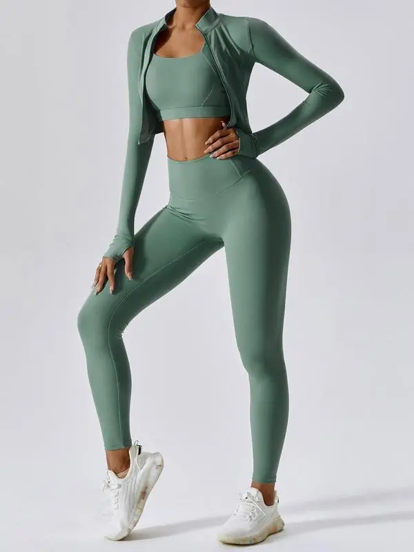 Women's Solid Criss Top & High Waist Leggings & Jacket Set