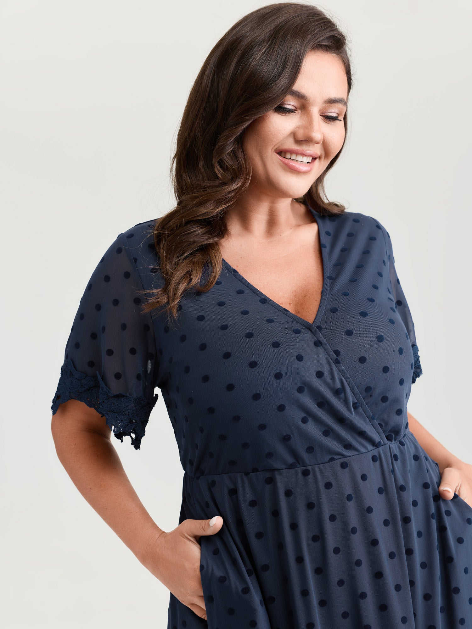 Polka Dot Textured Lace Trim Mini Dress