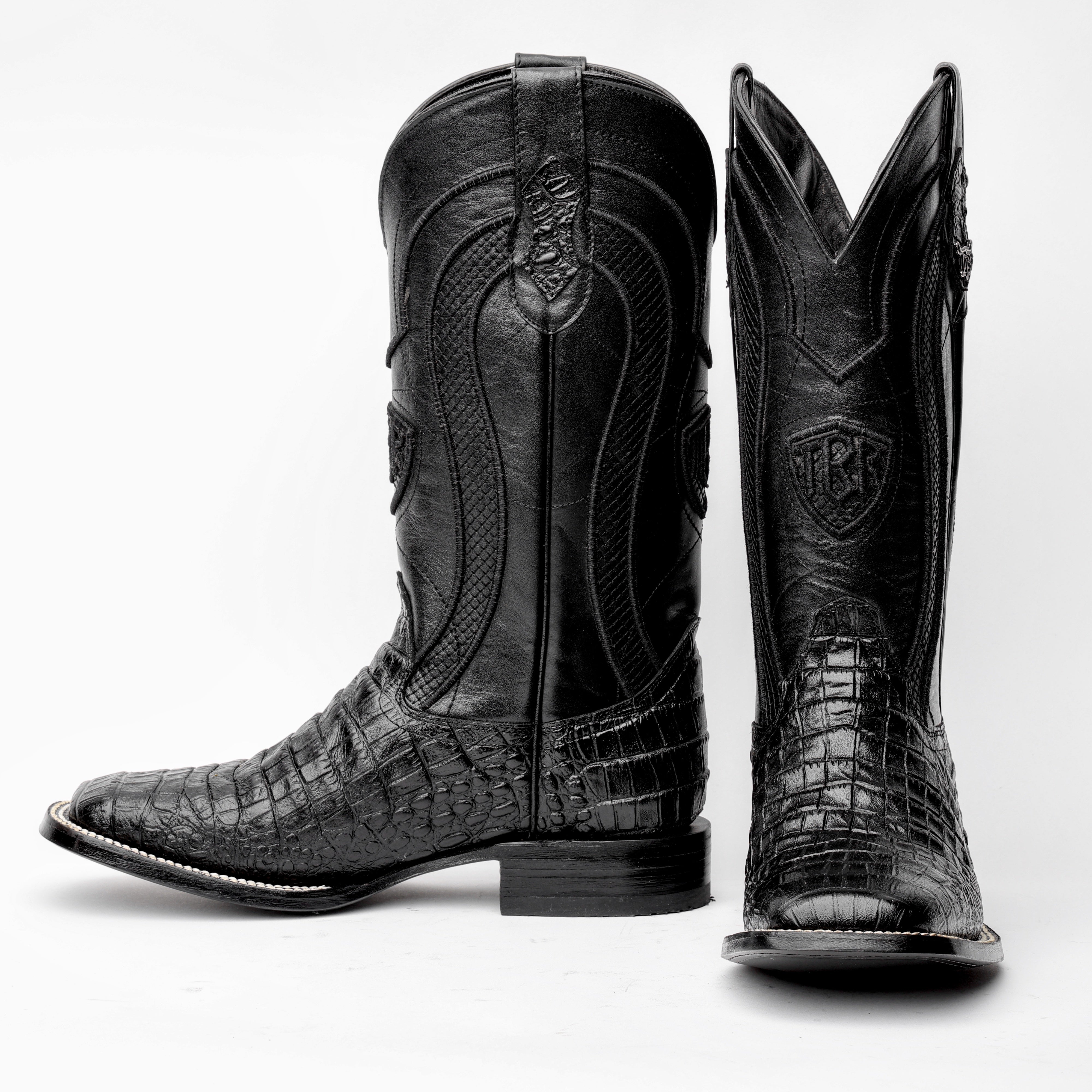 Total Black Caiman Belly Leather Boots - Square Toe