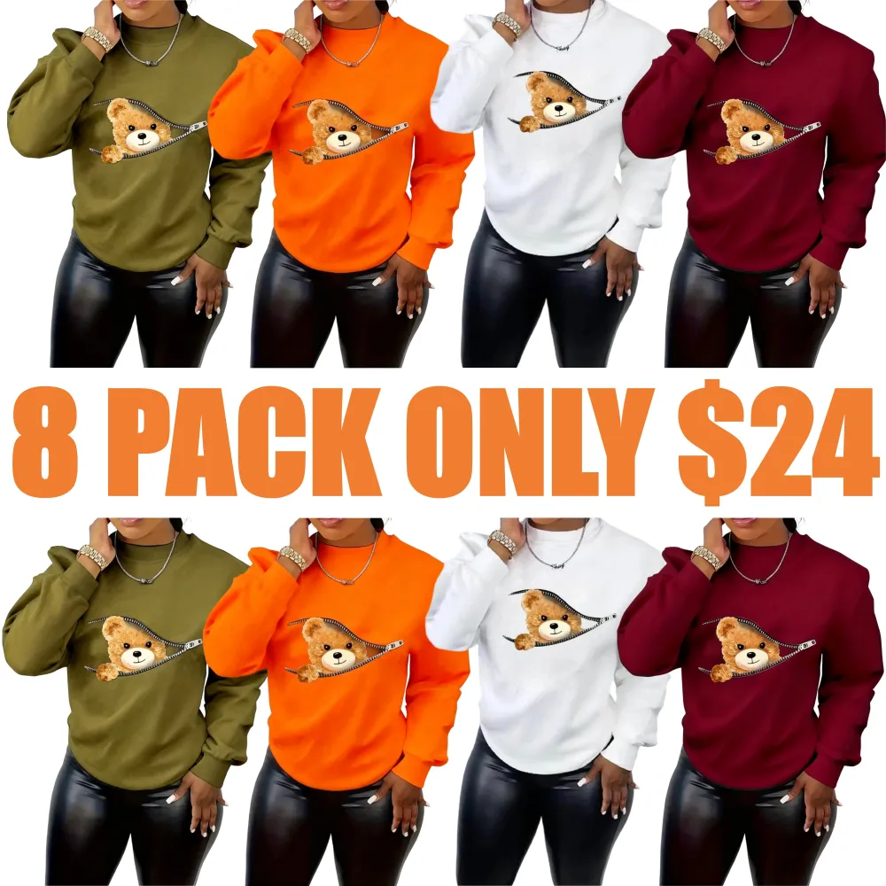 Women's Cartoon Bear Print Drop Shoulder Longsleeves