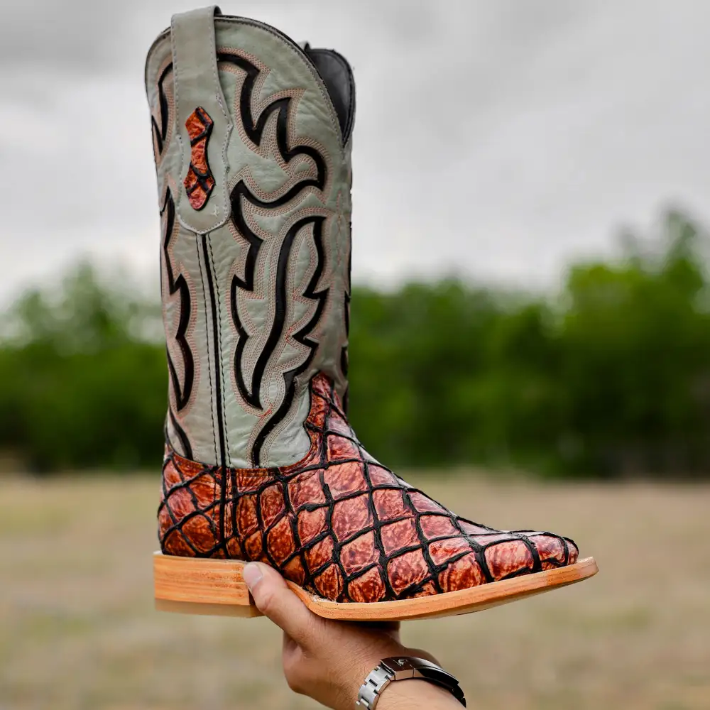 Cognac Pirarucu Leather Boots - Square Toe