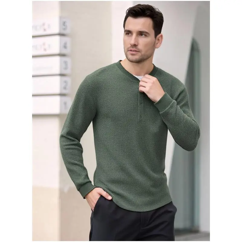 Men's Waffle Henley Long Sleeve Pocket Tee