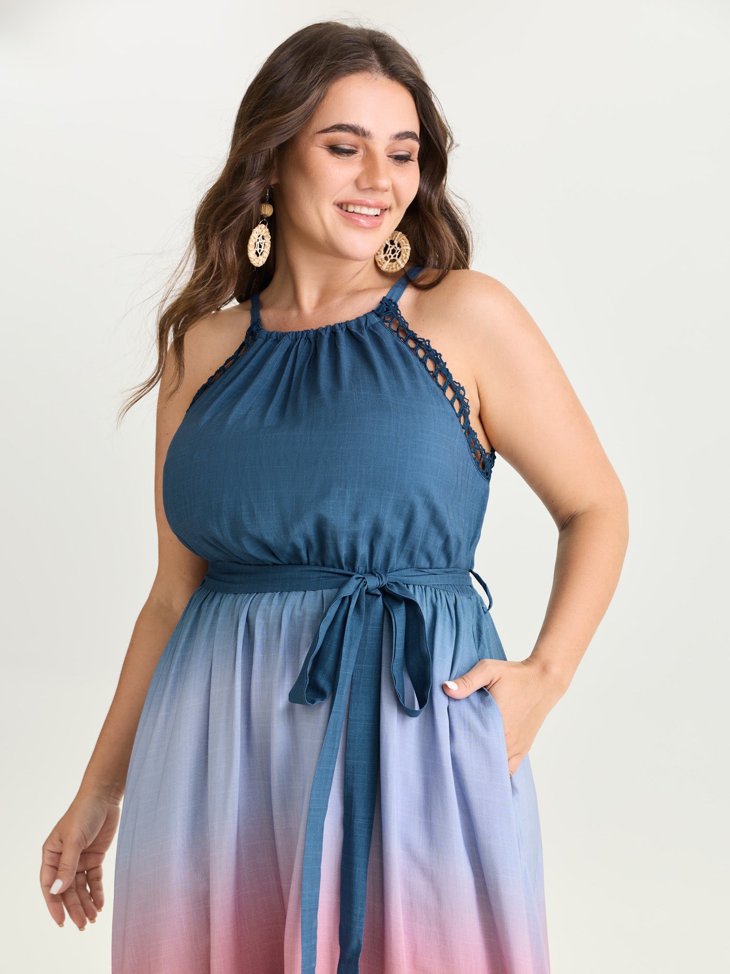 Ombre Color Blend Lace Trim Maxi Dress