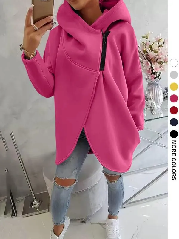 Women's Plus Size Hooded Sweatshirt, Full Zip Fashion Design, Asymmetrical Hem