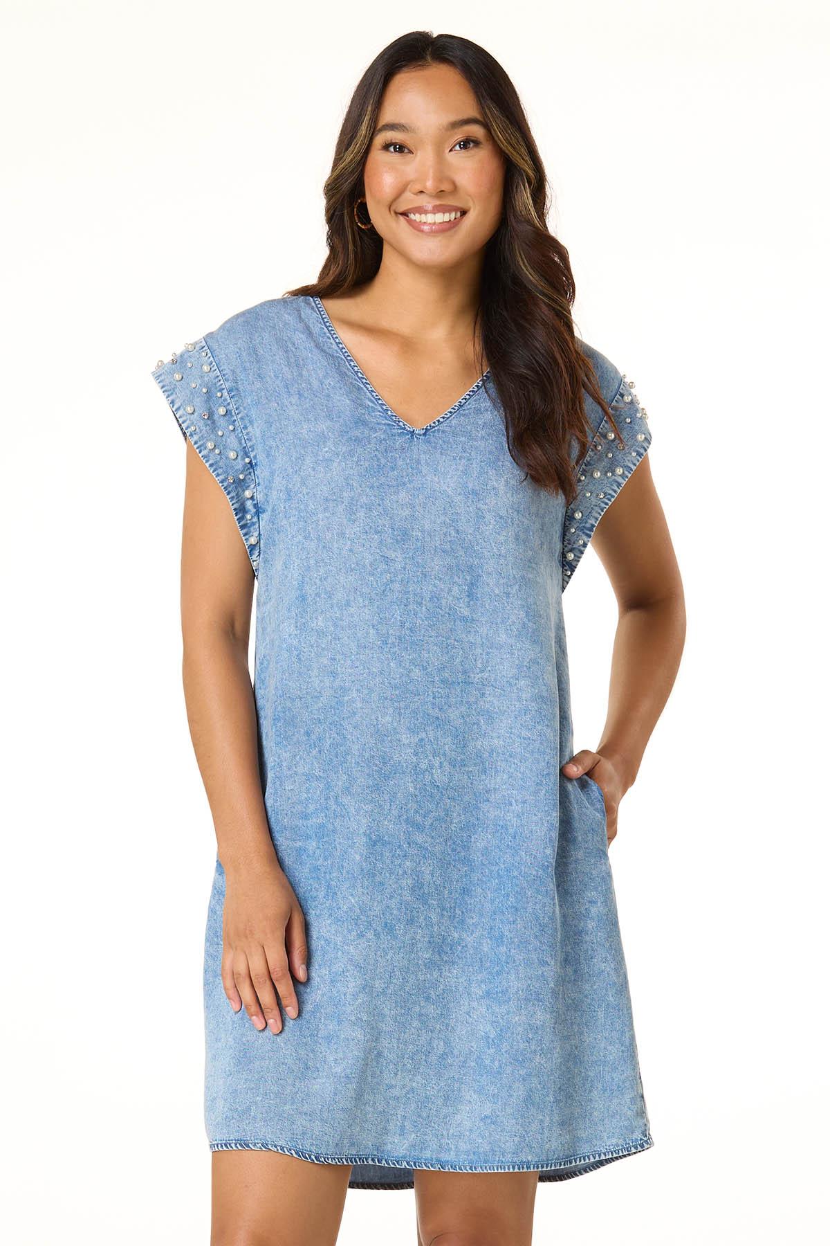 Pearl Trim Denim Shift Dress
